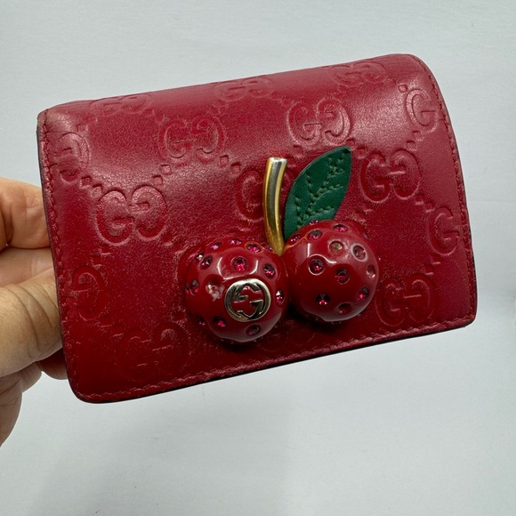 Gucci Guccissima Red Cherry Bifold Compact Wallet 20456 - Picture 1 of 8